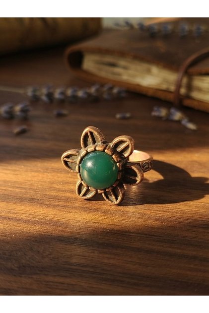 Jade Natural Stone Handcrafted Copper Framed Flower Design Adjustable Ring