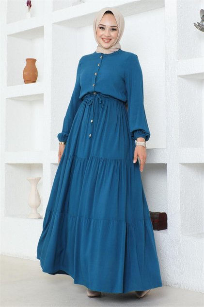 Waist-Tied Viscose Dress Petrol