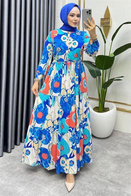 Flora Patterned Viscose Dress Cobalt Blue