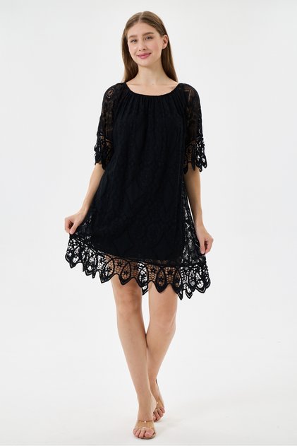 Black Italian Elasticized Madonna Collar Lace Laced Lined Short Dress 38 - 44 Size