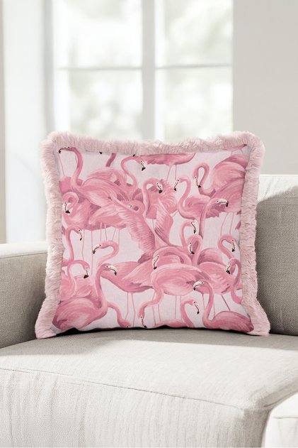 Tropical Flamingo Patterned Fringed Pillowcase-Exotic Bird Powder Cream Pink Tassel Throw Pillow Cover