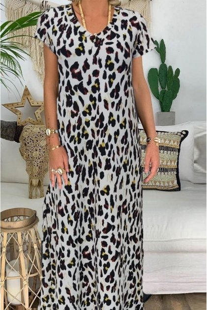 Women's Short Sleeve V-Neck Full Length Zebra Pattern Pegasus Fabric Dress
