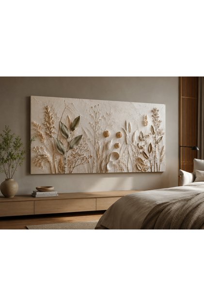 Premium Altın Botanik Ritim 3D Kanvas Tablo Krem Bej Zarif Duvar Dekoru