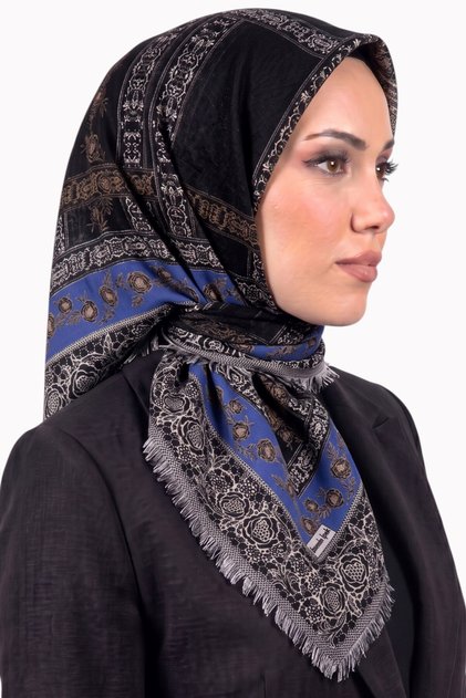 Blue Black Floral Patterned Flared Cotton Scarf