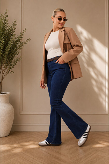 Plus Size Women's Dark Blue High Waist Spanish Leg Stretch Denim Trousers