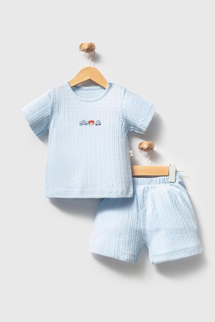 100% Organic Cotton Cute Cars Jacquard Fabric Baby Boy Summer Set