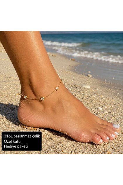 Elegant Minimal Stone Detailed Gold Color 316L Stainless Steel Women's Anklet – Water Resistant for Daily and Special Occasions