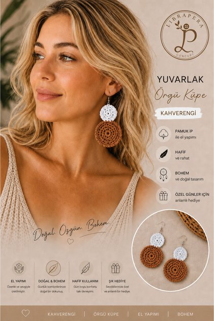 Handmade Knitted Earrings White & Brown Bohemian Women's Earrings