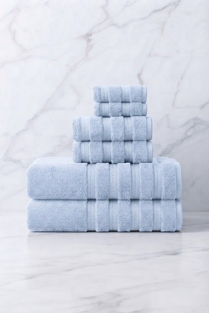 6-Piece Işıl Premium Towel Set - 2 Face Towels - 2 Hand Towels - 2 Bath Towels - Light Blue - 100% Cotton - 600 Gr/M2