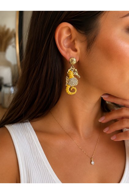 Stone Women's Steel Earrings with Seahorse Figure | Sari Mineli Gold Color Sea Theme