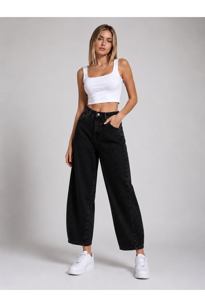Black Front-Piece Side-Pennelled Baggy Jeans