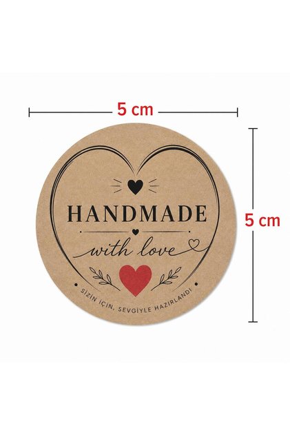 100 Adet Handmade With Love Kraft Sticker 5 cm | El Yapımı Etiketi | Hediye Paketi Paketleme Stickerı | Kraft Yuvarlak Yapışkanlı Etiket