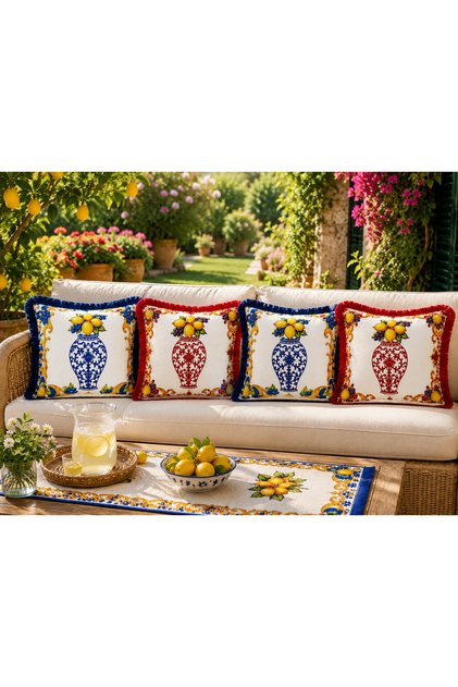 Lemon Patterned Decorative Throw Pillow Cover | Bohemian Garden Balcony Cushion Set 4 Pieces