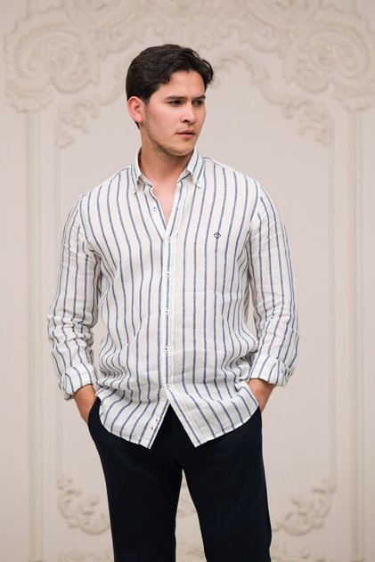 Regular Fit Buttoned Collar Striped Raw Linen Shirt