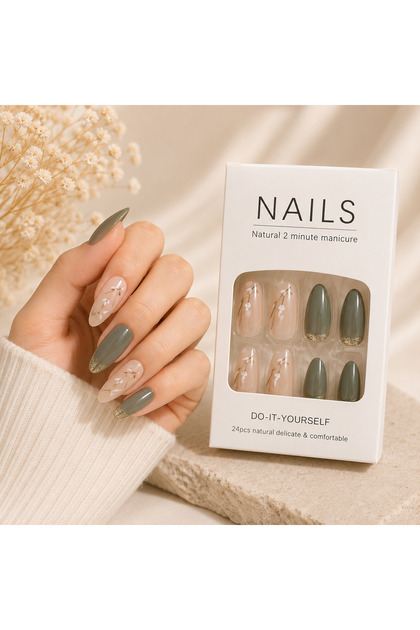 Zelüx - Haki Yeşil Çiçek Desenli - 24 Adet Yapıştırma Tırnak Sanatı Seti Nail Art