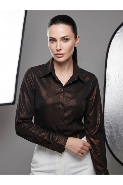 Women's Brown Shiny Shirt Slim Fit Tight Fitting Long Sleeve Stylish Evening Dress Shirt