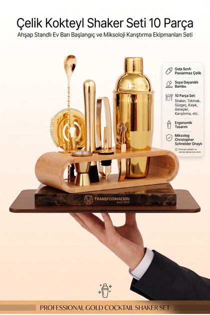Cocktail Shaker Set 10 Pieces with Wooden Stand Professional Golden Yellow Stainless Steel Home Bar Starter & Mixology Mixing Equipment Kit 723385