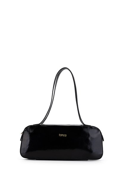 Women's Genuine Leather Black Wrinkled Patent Leather Handbag