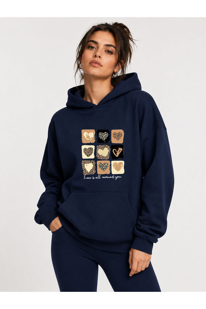 Small Leopard Hearts Printed Hooded 2 Thread Raster Sweatshirt