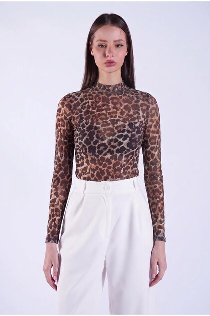 Women's Coffee Leopard Half Turtleneck Transparent Blouse Hzl26S-Zk10741
