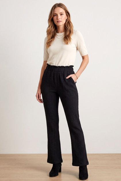 Pantaloni de damă din țesătură neagră Bubble, cu talie elastică și croială evazată