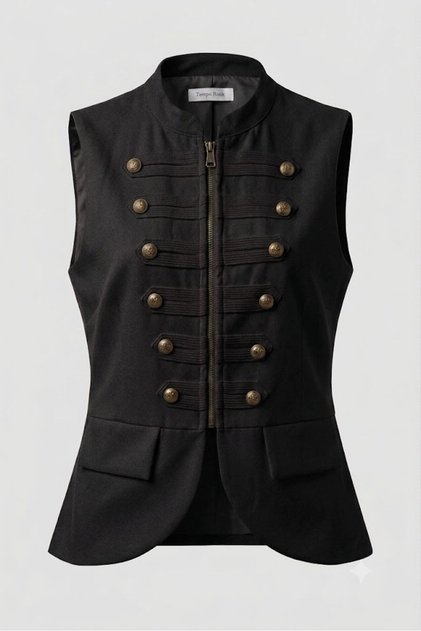 Zippered Pocket Ornamental Detail Vest Black