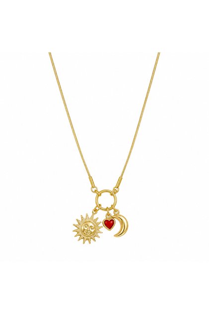 Gold Color Steel Necklace with Sun Moon Red Heart Figure
