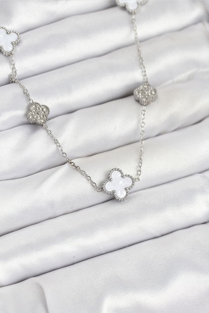 316L Steel Chain Silver Color White and Zircon Stone Clover Women Necklace