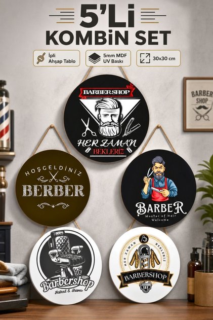 5-Piece Men's Hairdresser and Barber Shop Wooden Wall Painting Set Barber Accessory Board with String