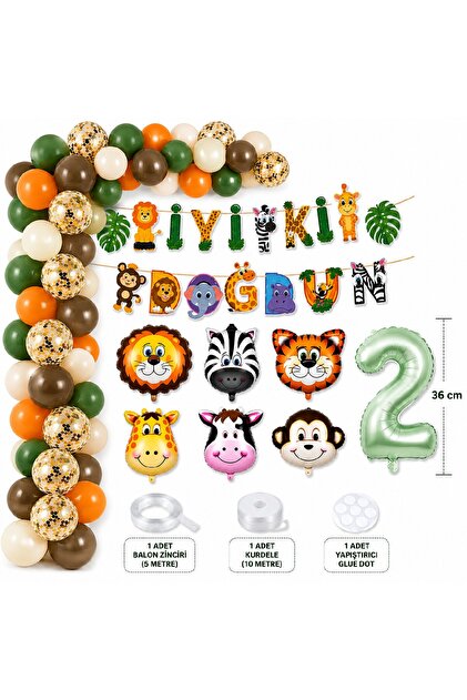 Safari Doğum Günü Süsleri Seti 1-9 Yaş Balon Seti İyi Ki Doğdun Banner 36 cm Rakam Balon Parti Malzemeleri