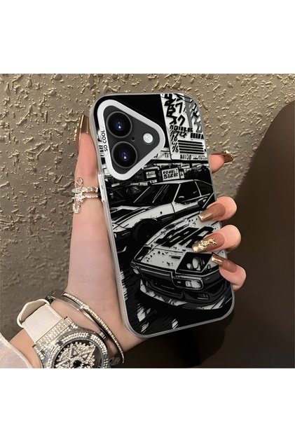 iPhone 16 Plus Compatible Manga Drawing Classic Car Flat Print Quality Silicone Case