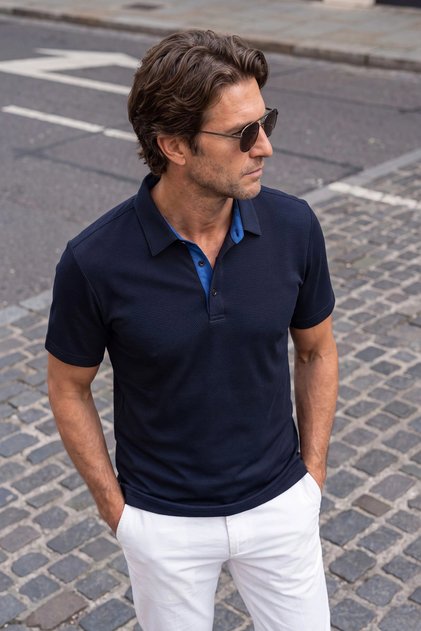 Shirt Collar Brick Patterned Egyptian Cotton Mercerized Kagi Navy Blue T-Shirt Classic Pattern - 5320