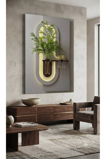 Premium Modern Dekorasyon Kanvas Tablo Işıklı Oval Duvar Paneli, Vazo ve Sevimli Figürler - 3D Efektli Özel Tasarım