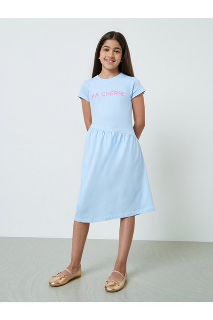 Teen Girls Light Blue Round Neck Cotton T-Shirt Dress