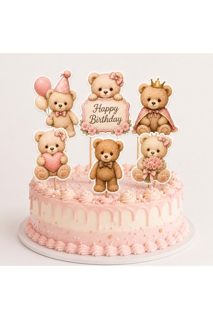 6-Piece Teddy Bear Themed Cake Picks Happy Birthday Pink Birthday Cake Decoration