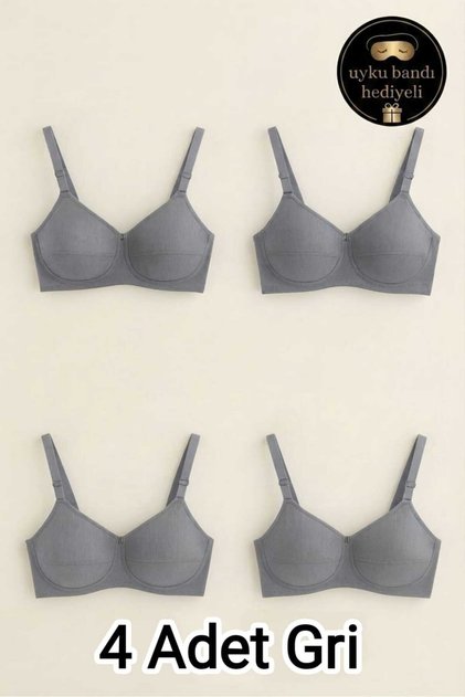 4-Pack Gray Women's Thin Sponge Non-Wired (Wireless) Comfortable Daily Bra Set - with Sleep Band as a Gift
