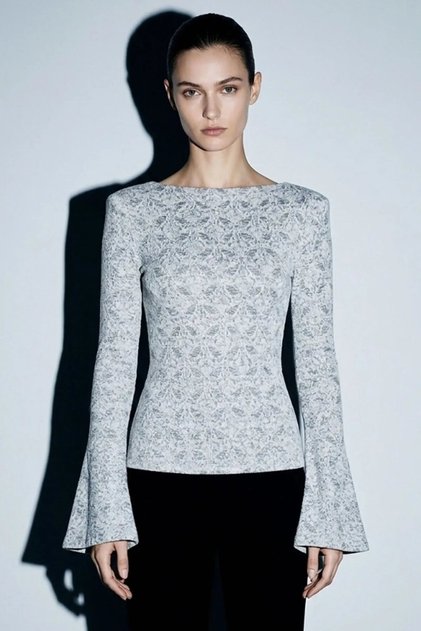 Women's Boat Neck Tight Spanish Sleeve Patterned Black Blouse