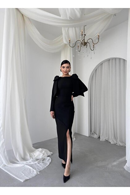 Women's Black Midi Dress with Crew Neck, Bow Detail on the Shoulder and Slit