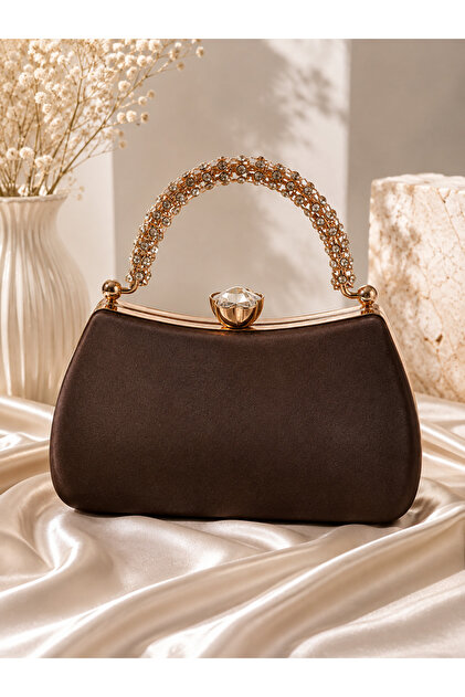 Famels Coffee Color Bag Satin Evening Dress Bag Stoned Evening Dress Stylish Bag