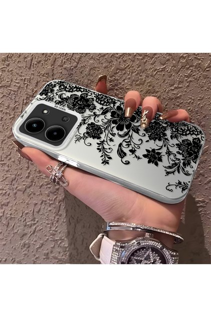 Elegant Black Lace Flower Pattern Case for Redmi 15C 5g Compatible High Quality Matte Phone Case