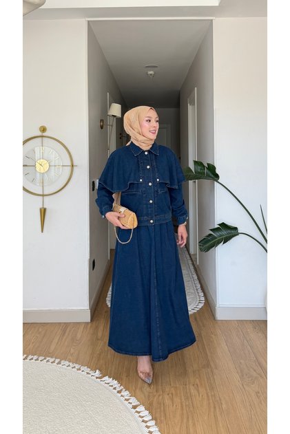 Women's Removable Cape and Washable Skirt Denim Suit