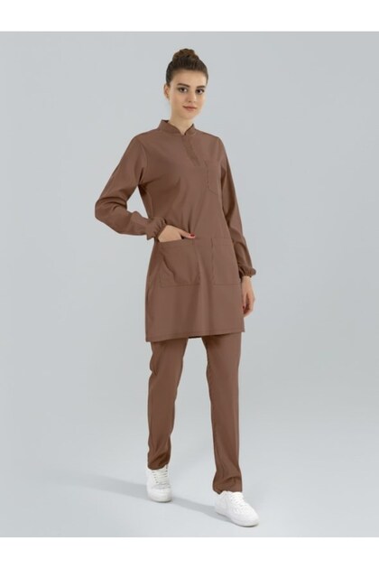 Friar Brown Tesettür Hakim Collar Doctor Nurse Medical Scrubs Suit Luxury Lycra Fabric