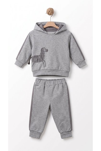 Unisex Zebra Detailed Hooded Top and Bottom Set, 70% Cotton 25% Polyester 5% Elastane Baby Set