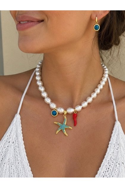 Women's Steel Pendant with Pearls, Sea Star and Pepper Sharmi Details, Blue Necklace