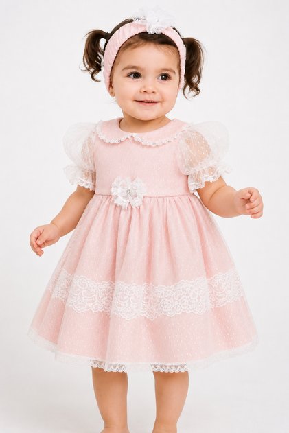 Lace Detail Special Design Baby Girl Children's Evening Dress Hair Band Mevlüt Birthday Set 7029