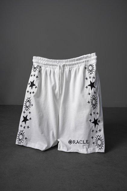 Men's White Oracle Embroidered Above-Knee Shorts