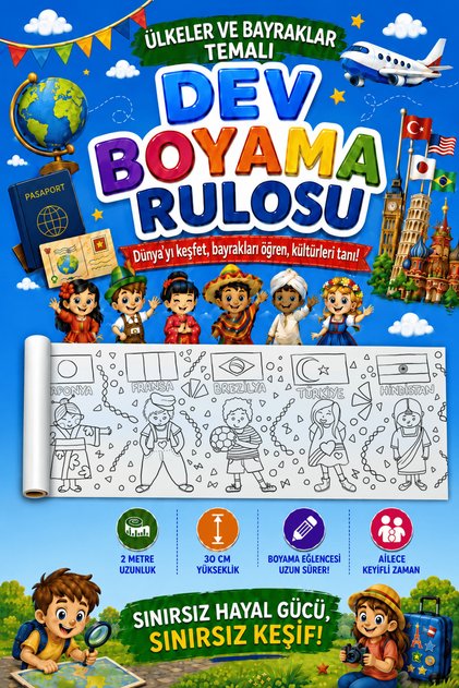 Ülke ve Bayrakları Dev Boyama Kağıdı 2 Metre