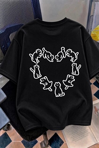 Cat Heart Pattern Oversize/Relaxed Cut Short Sleeve T-Shirt