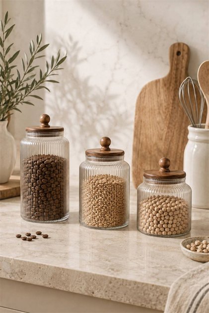 3'lü Çizgili Model Akasya Kapak Kavanoz Seti (1700-1200-900 ml)
