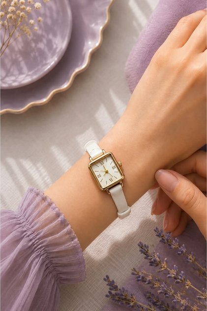 Minimalist Design Gold Square Case White Leather Strap Women's Wristwatch